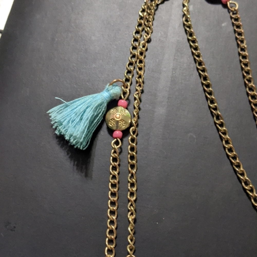 Gold Tone Silk Tassel and Crystal Bead Double Strand Statement Necklace - Picture 4 of 6